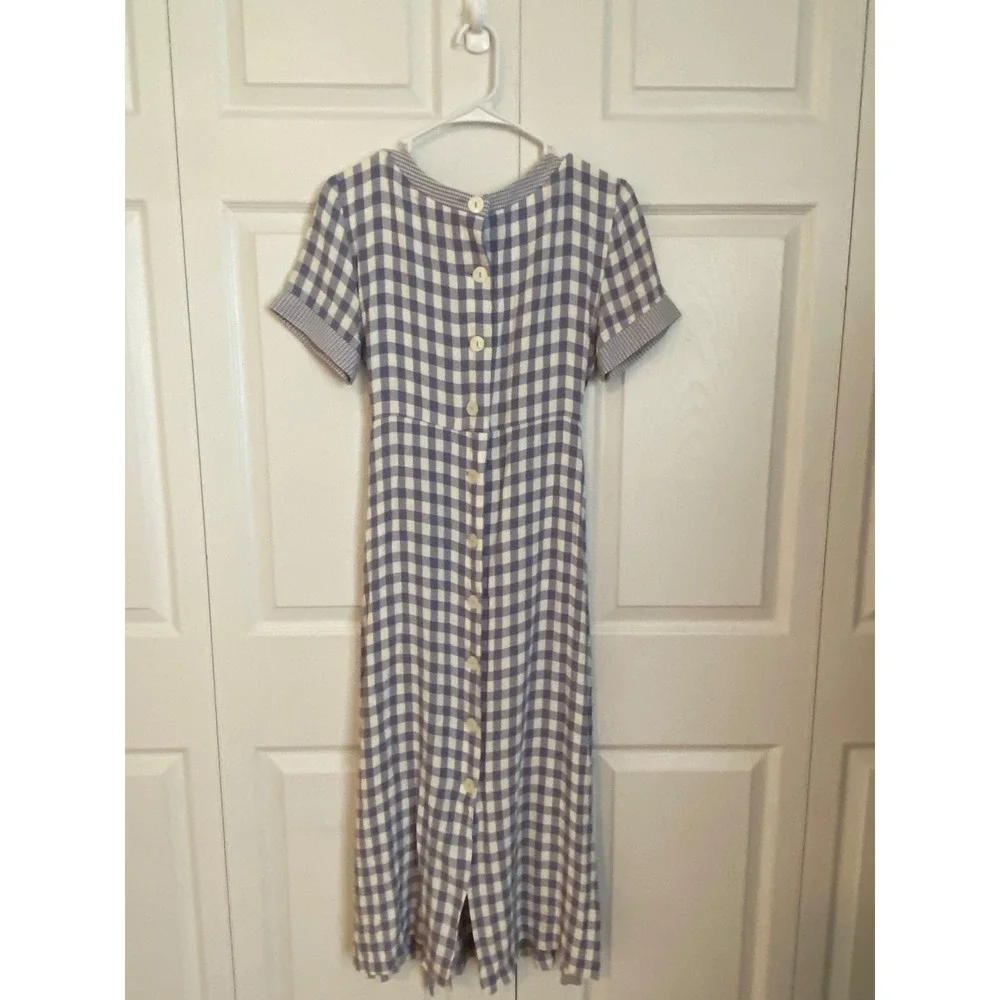 Vintage SL Fashions Gingham Maxi Dress Blue White Cottagecore Button Back Size 6